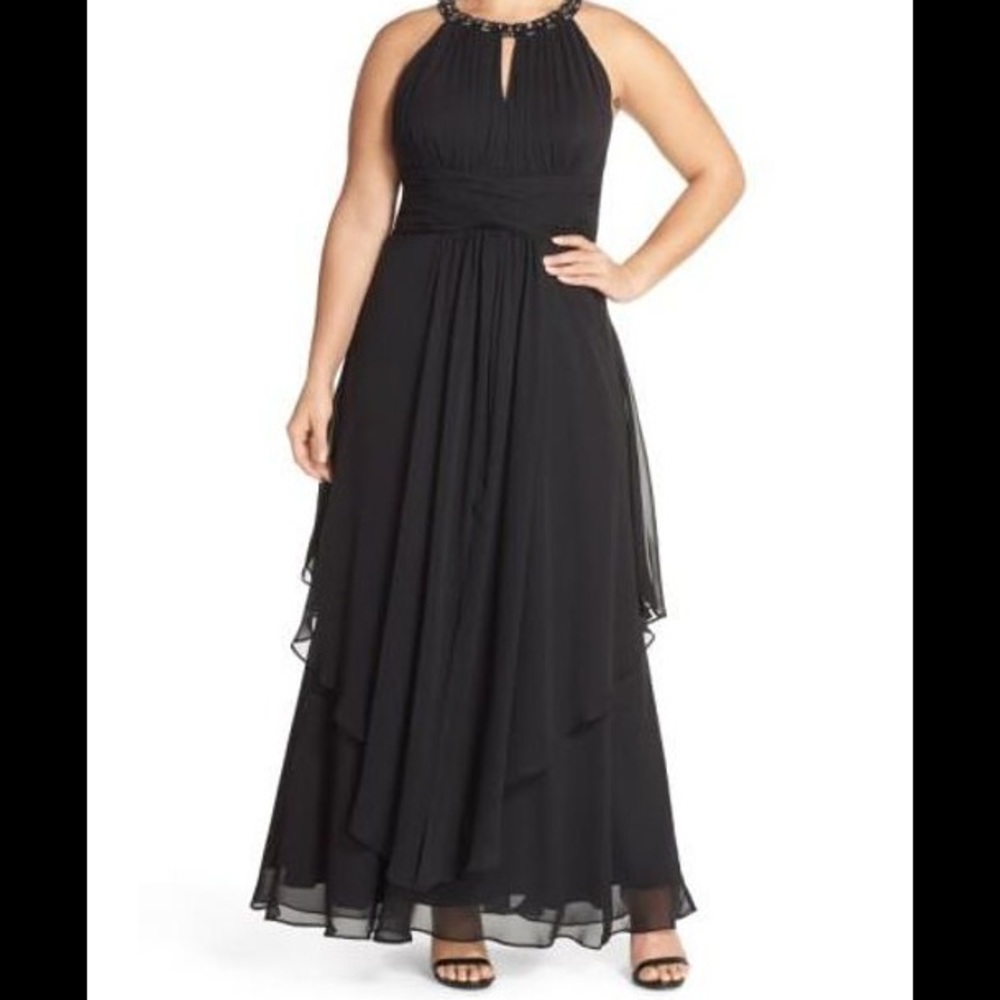 Eliza J 8 Embellished Tiered Chiffon Halter Gown